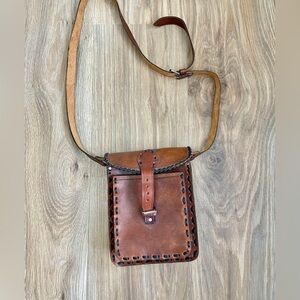 Vintage Handmade Tooled Mandala Brown Leather Crossbody / Shoulder Bag EUC